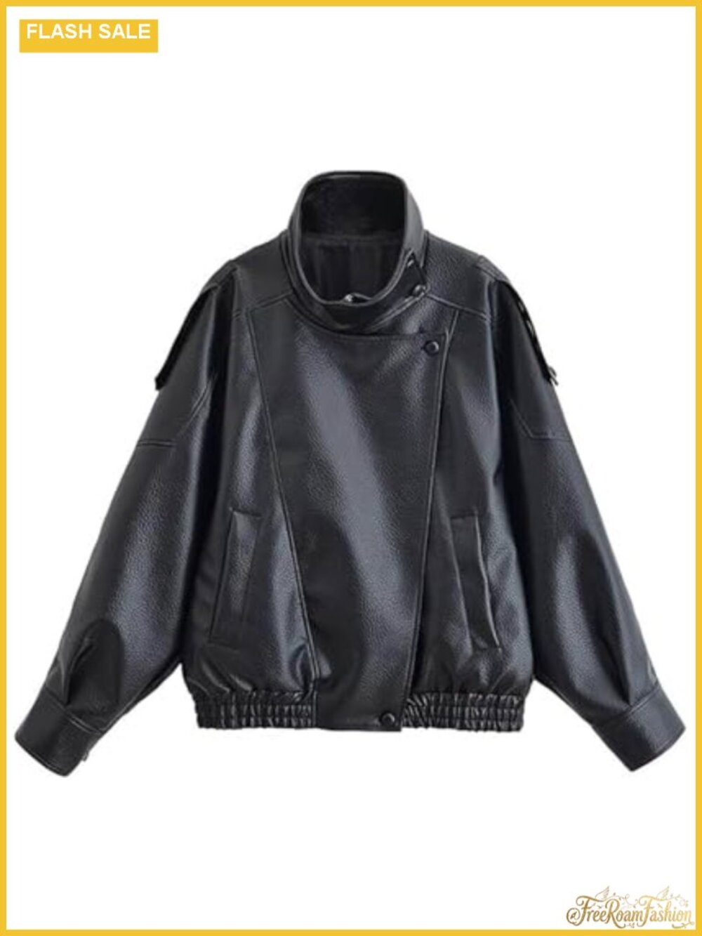 Vintage Oversized Faux Leather Jacket Zipper Button Stand Collar Moto Biker